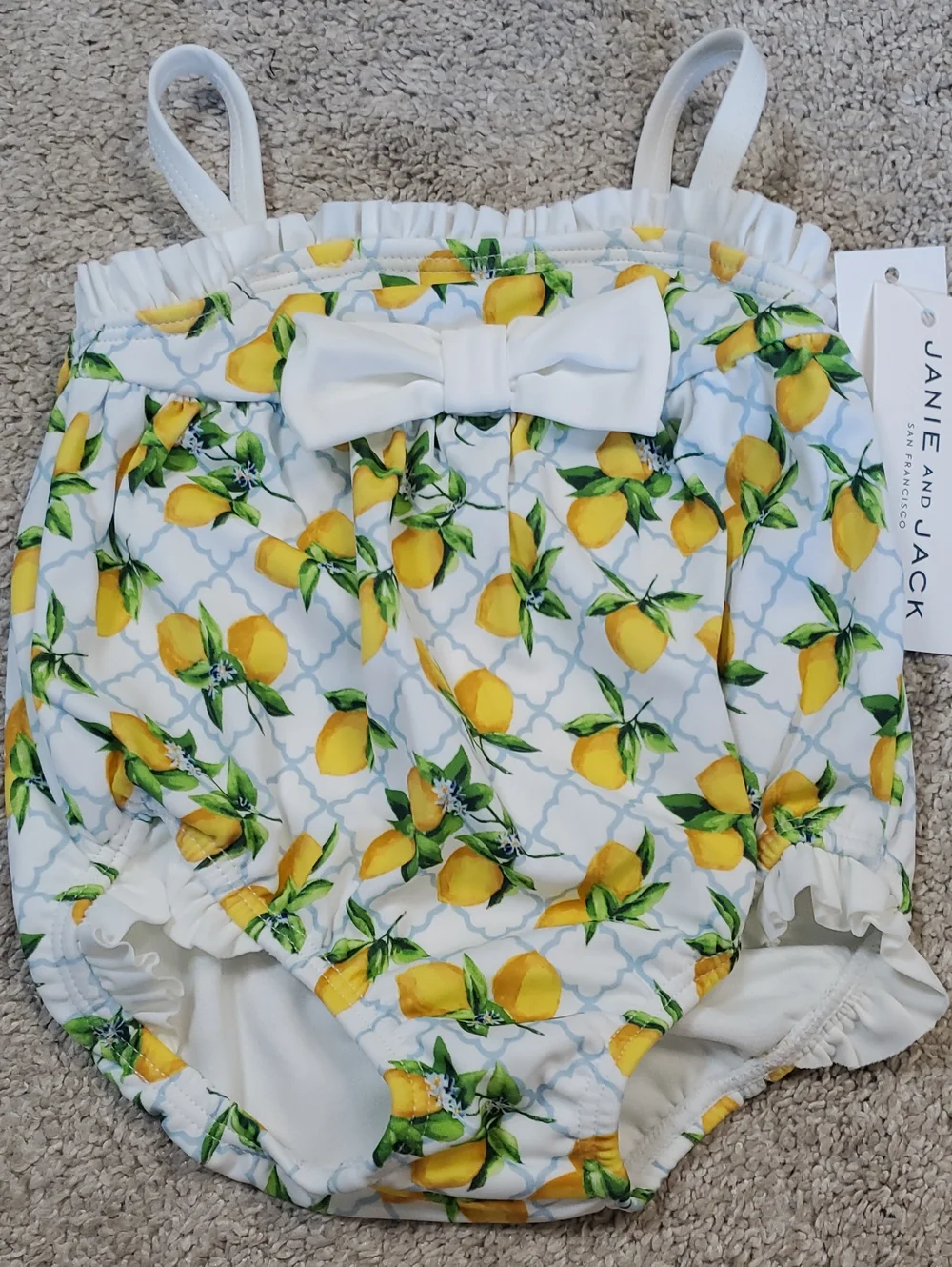Janie and Jack Vibrant Lemon Print Baby Swimsuit With Bow. 0-3 Months
